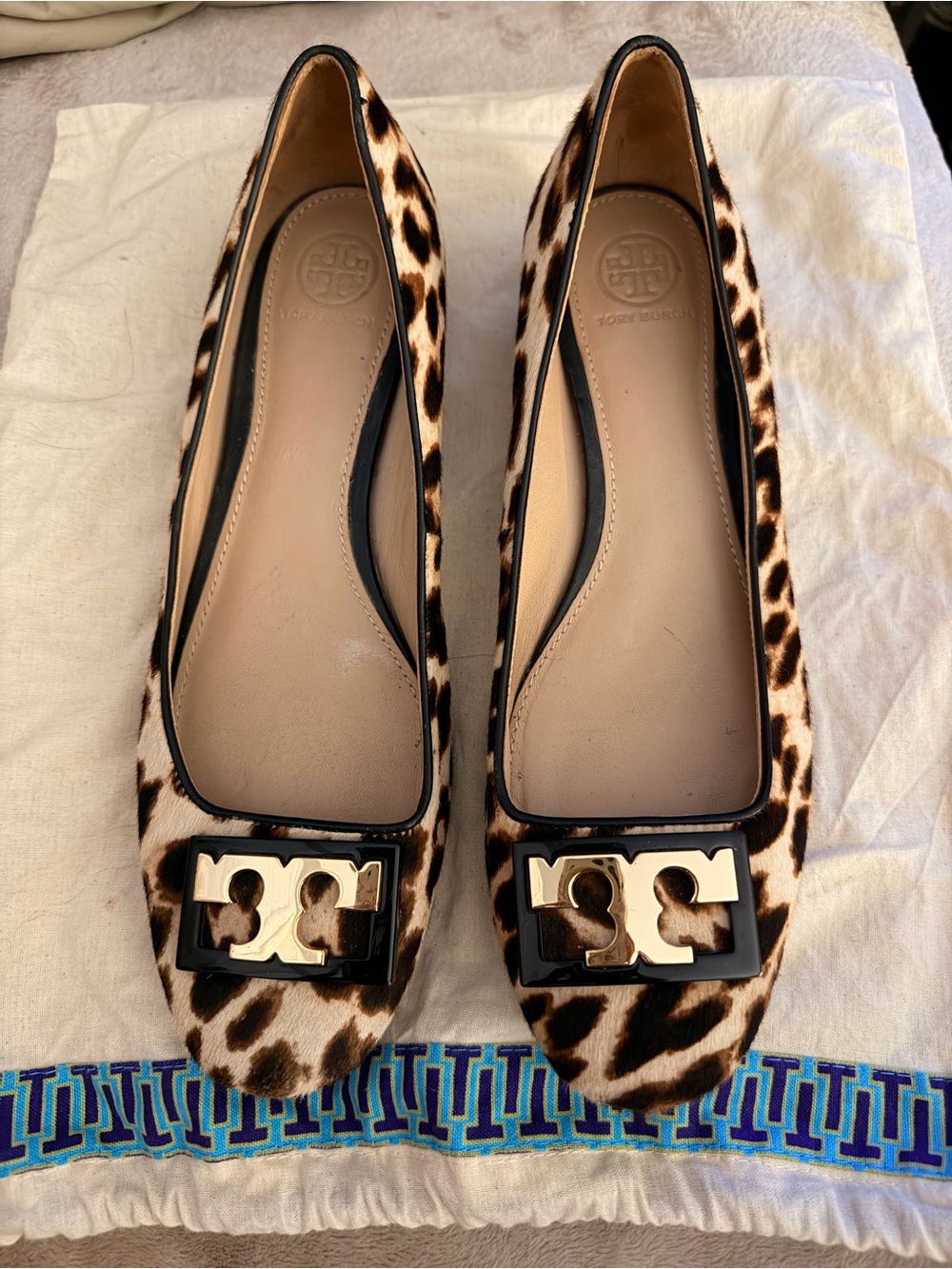 Tory Burch Leopard-Print Leather Ballet Flats with Gold Logo
